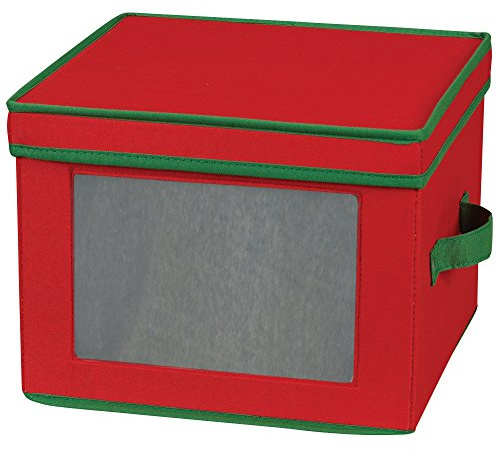 Household Essentials Dinner Plate Holiday Storage Chest,Red Canvas with Green Trim