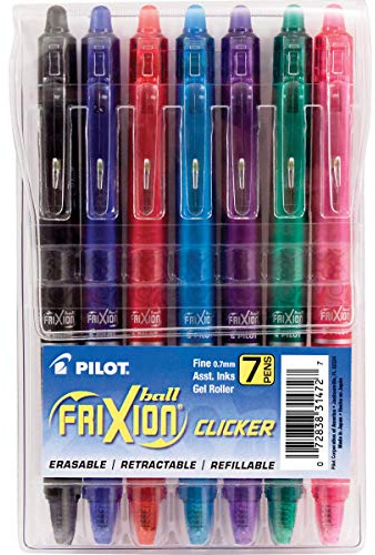 PILOT FriXion Clicker Erasable, Refillable & Retractable Gel Ink Pens, Fine Point, Assorted Color Inks, 7 Count (Pack of 1) (31472)