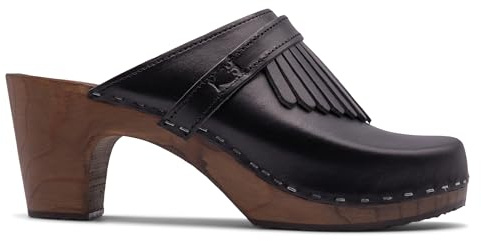 Sandgrens Handmade Swedish Wood Clogs for Women, High Rise Mule US 10-10.5 | Venice Black Veg Tan DK, EU 41