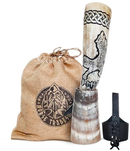 Norse Tradesman Genuine 12 Ox-Horn Viking Drinking Horn with Exquisite Hand Engraved Wolf & Celtic Knot, Black Leather Belt Holster, Fitted Stand & Burlap Gift Sack Included - Wolfsbane, 12-In