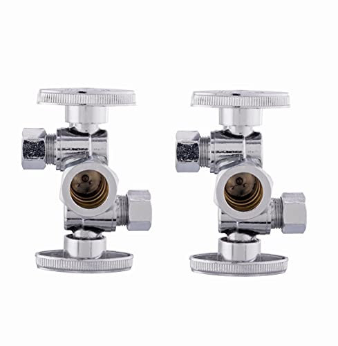 (Pack of 2) EFIELD 1/4 Turn Dual Compression Outlet Angle Stop Valve with 2 Shut Off Valve/Handles, 1/2 NOM (5/8 OD) x (3/8 inch x 3/8 inch) Chrome,(VALVE134-2PCS)