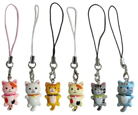 OralGos Juego de 6 llaveros para teléfono con diseño de gato de dibujos animados, colgante para teléfono móvil, Aleación acrílica