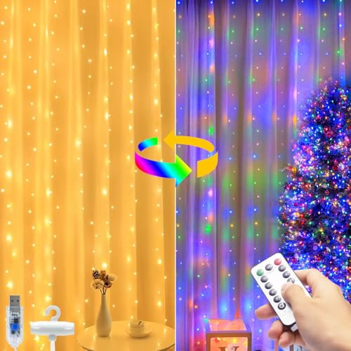 BTFARM 300 LED Curtain Lights Color Changing, 3m x 3m Indoor Fairy with 8 Modes Remote Timer, USB Plug-in Waterfall String for Christmas Bedroom Outdoor Wedding