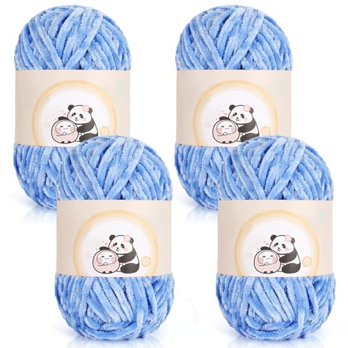 Aeelike Chenille Yarn Set 400g, 4 Pack Plush Crochet Yarn Chunky Chenille, Soft Fluffy Baby Velvet Knitting Wool for Crochet Amigurumi, Thick Blankets, Scarves & DIY Crafts, Blue