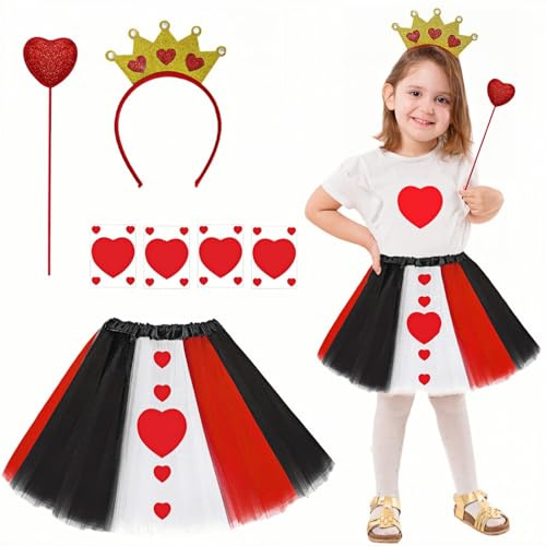 Costume da regina per bambini con cuori, 4 pezzi, vestito da regina TuTu con corona, cerchietto per capelli, bacchetta con cuori, per Halloween, carnevale, Giornata mondiale del libro, feste, cosplay