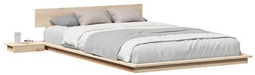 vidaXL Estructura de Cama de Piso con Mesas de Noche Madera Natural 120X200Cm Madera Maciza Integrada Diseño Solución de Almacenamiento Muebles de Dormitorio para Adultos Estilo Japonés Minimalista