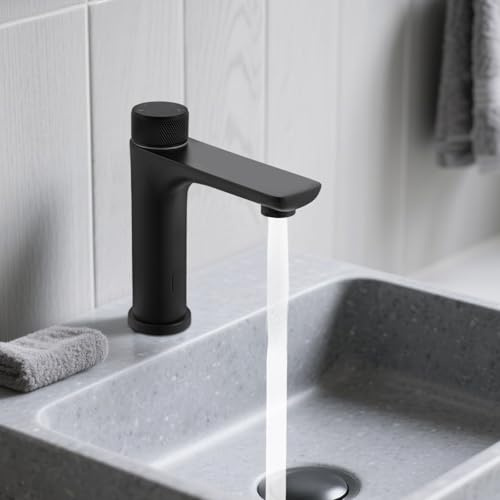Grifo infrarrojo para baño con sensor, sin contacto, monomando para lavabo, grifo automático de lavabo de acero inoxidable para baño (negro)