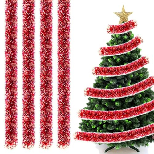 OIXEYA 4 Piezas Espumillón de Navidad, Metálico Oropeles Brillantes Decoración, 2M, Guirnalda Brillante Metálica Decoraciones, para Árbol de Navidad Boda Fiesta Festival, Rojo