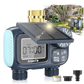 AnseTo Timer di Irrigazione Solare con 2 Uscite, Computer di Irrigazione Intelligente Regolabile con Alimentazione Solare e Ricarica USB-C, Sistema di Irrigazione Ecologico ed Efficiente per Giardini