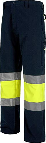 WORKTEAM Pantalón Softshell Alta Visibilidad y Cintas Reflectantes, Alta Capacidad Térmica, Cortavientos y Repelente Agua, Multibolsillos con Cremallera. Unisex Marino+Amarillo A.V. XL
