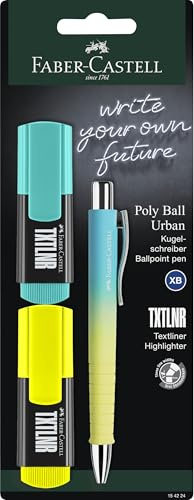 FABER-CASTELL 154224 – Skrivset TXTLNR Textmarker och Poly Ball kulspetspenna, gul och turkos, dokumentfast XB-stift