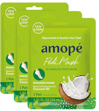 Amopé Pedi Mask 20-Minute Foot Mask, Intensely Moisturizing Socks, Paradise Found with Coconut Oil, Urea & Vitamin Complex for Long Lasting Hydration, No Added Fragrance, 3 pair (Packaging May Vary)