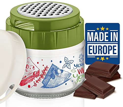 CRYSTALIA Cheese Grater with Glass Storage Container, Stainless Steel Food Shredder Box for Parmesan, Ginger, Garlic, Vegetable, Nutmeg, Small Fine Grinder with Lead-Free Glass Jar for Kitchen (Green)