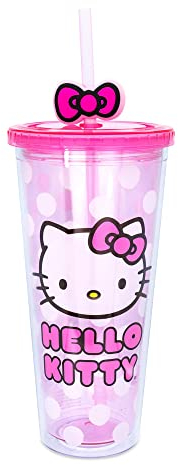 Silver Buffalo Sanrio 700ml Hello Kitty Polka Dot Plastic Insulated Cup with Lid and Straw (Pink Polka Dot)