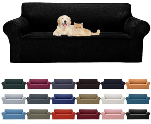 Cupuamon 2026 New Stretch Sofa Slipcovers Couch Cover for 3 Cushion Furniture Protector Sofa Covers with Elastic Bottom Jacquard Fabric Small Checks for Pets, Kids -Sofa, Black