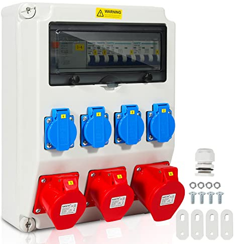 Cecaylie Väggfördelare 1 x 32 A, 2 x 16 A, 4 x 230 V, med LS+FI, strömfördelare med skyddsbrytare, byggströmfördelare med Schuko-uttag, 5 poler, byggströmsfördelare för inomhus- och utomhusbruk