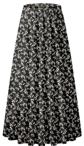 NASHALYLY Women's Chiffon Elastic High Waist Pleated A-Line Flared Maxi Skirts(Black White Flower,L)