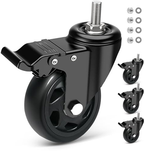 RRIUTO Heavy Duty 100MM Castor Wheels with Brake, Furniture Casters with M10x1.5x30mm Screw Stem, Double Bearing Stem Castors Swivel Wheels for Furniture, Set of 4 PU Trolley Castor up to 500kg