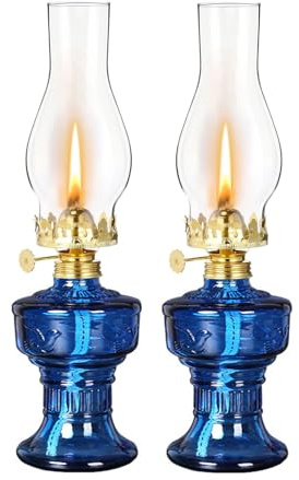 DNRVK 2 Pieces Rustic Oil Lamp Lantern Vintage Color Glass Kerosene Lamp 12.8''Chamber Oil Lamps for Indoor Use Home Decor Lighting Classic Old Hurricane Lamp for Emergency Lighting