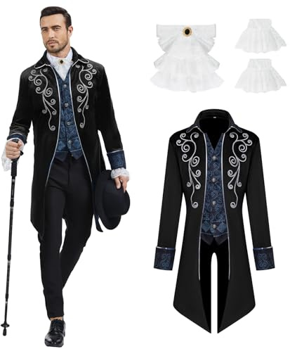 Men’s Medieval Steampunk Victorian Gothic Velvet Tailcoat Jacket，Black：M