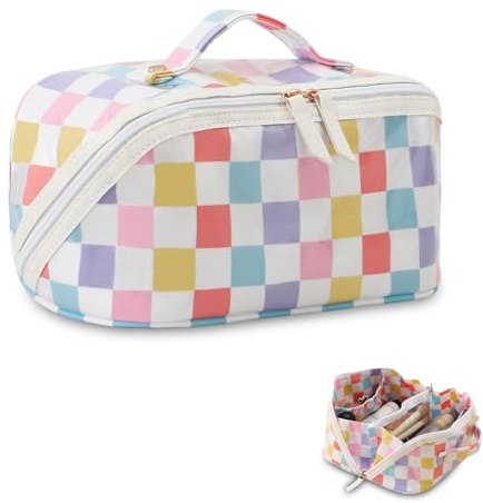 DYSHAYEN Travel Makeup Bag with Compartments Clear Coated Cosmetic Bag for Women, Waterproof Portable Open Flat Toiletry bag （Rainbow Gingham）