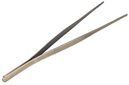 Nikou Pinzette da cucina con punta seghettata, in acciaio inox, per alimenti, colore bronzo, ideale per cucinare e servire, lunghezza 25 cm