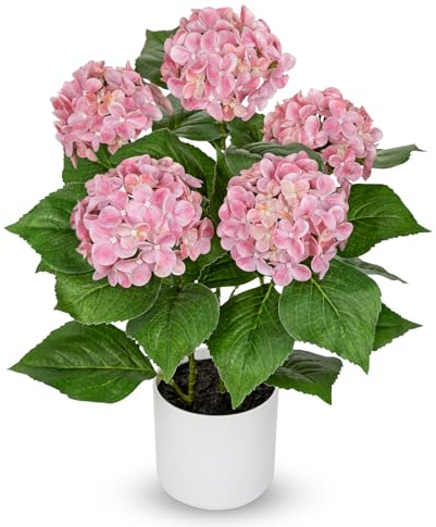 Briful Hydrangea Artificial Flowers in Pot - 19.6 Tall Faux Hydrangea Plants with 4.7 Flower Heads - Real Touch Hydrangeas Pink Artificial Flower for Living Room, Bathroom, Home Decoration