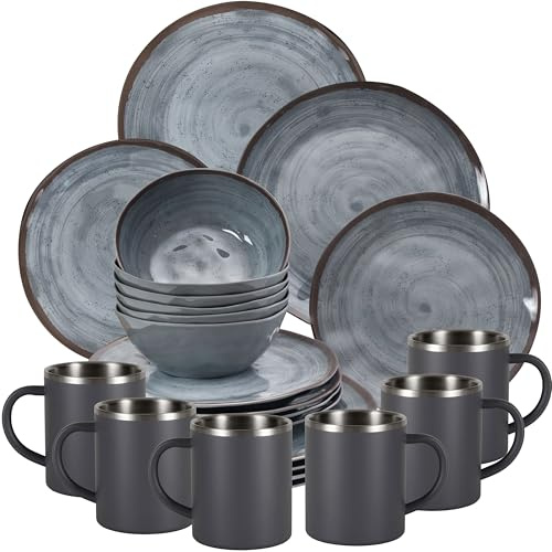 Melamin Geschirr Set Grau 6 Personen 24 Teile Edelstahl Thermo Tassen ideal