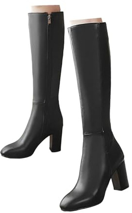 Xbemkste Stivali da donna con tacco in pelle, stivali alti al ginocchio con chiusura lampo, con calda imbottitura, stivali invernali alti da donna, Nero , 35 EU