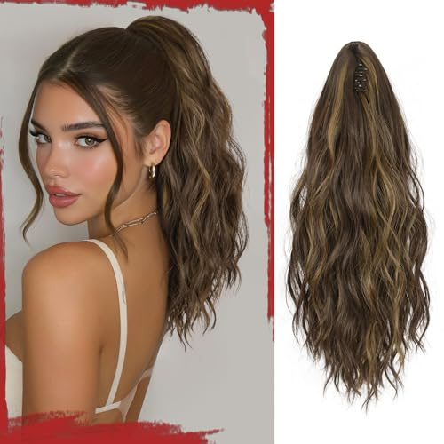 Sofeiyan Coda Cavallo Capelli Extension con Pinza Clip Ondulato Coda Capelli Extension Coda Finta Coda Capelli Posticci Sintetici per Donne 41cm,Marrone Scuro con Riflessi Marrone Dorato