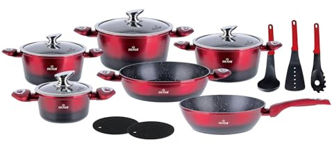 Zilner Töpfe und Pfannen Set - Topfset 15-teilig - Marmorbeschichtung und Keramikbeschichtung - mit Glasdeckeln - für alle Herdarten - Rot