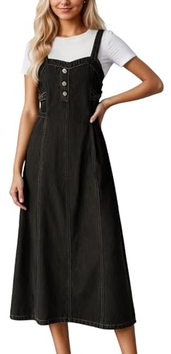 Generisch Robe salopette en denim pour femme - Décontractée - Polyvalente - Robe mi-longue élégante - Robe midi en jean ample - Jupe légère à bretelles - Coupe ajustée - Coupe ajustée, O gris., L