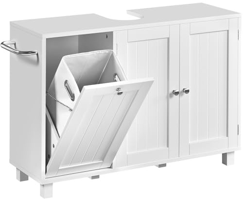 Yaheetech Mobile Sottolavabo a 3 Ante Mobile da Bagno con Portabiancheria Armadietto da Terra per Lavandino Mobiletto Bagno Salvaspazio con Ripiano Regolabile