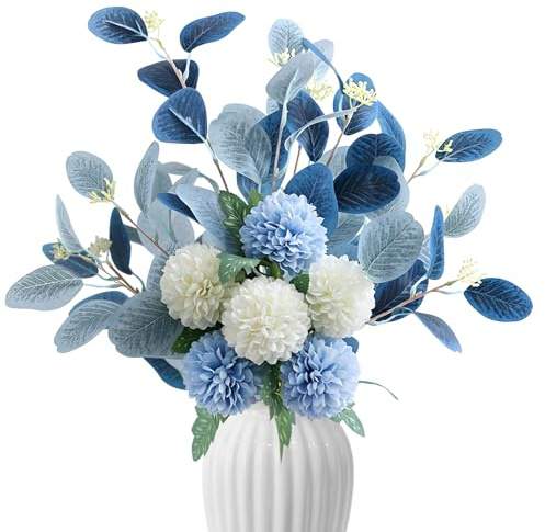 LEIMEND 8 Pezzi Eucalipto Finto e Ortensie Finte Realistiche Fiori Finti Blu e Bianco Ortensie Finte Foglie di Eucalipto Artificiali per la Casa Feste Giardino Ufficio Decorazione