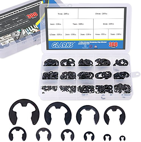Glarks Juego surtido de arandelas de anillo de retención externo, 300 piezas, 10 tamaños, de acero de aleación negra