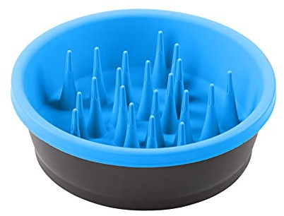 Dexas Slow Feeder Dog Bowl for Healthier Digestion, Teeth and Gums, 6 Cup Capacity, Gray and Blue