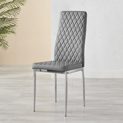 Furniturebox UK Milan 4/6 Modern Stylish Chrome Hatched Diamond Faux Leather Dining Chairs Seats Set (4x Grey Milan Chairs)