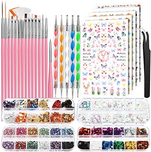 FANDAMEI Pinsel Für Gelnägel, Nailart Pinsel und Dekorationen Set, 15 Pcs Nagel Pinsel, 5 Blätter Nagelsticker, Strasssteine Nägel, Nageldesign Set, Nageldesign Zubehör, Nail Art Pinsel Set