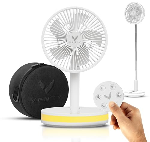 VENTY Portable Fan - Wireless Battery Operated, 48HR Run Time 16000MAH Battery, Oscillating Rechargeable Fans, Remote Control & LED Lighting, Folding Telescopic Camping Fan (White with Case)