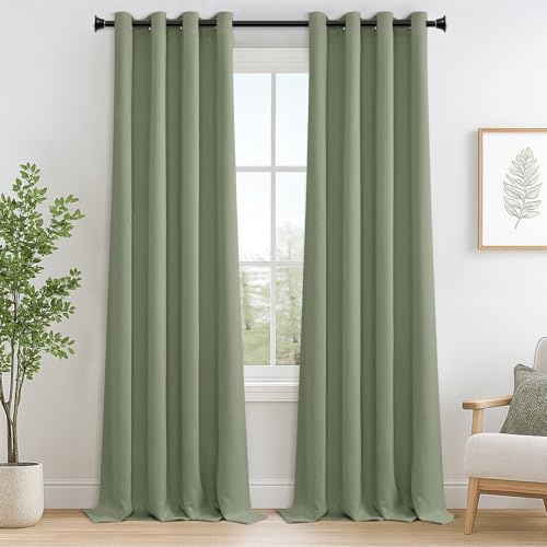 MRTREES Opaque Thermal Curtains with Eyelets, Blackout Eyelet Curtains, 280 x 140 cm (H x W), Green, Set of 2 for Hotels, Offices, Living Room, Bedroom