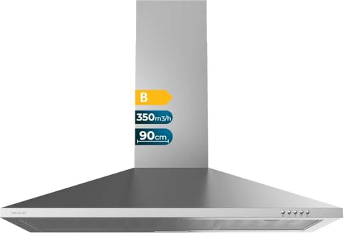 Cecotec Campana Extractora 90 cm Piramidal Bolero Flux PM 903500 Inox B. Motor 65W, Acabado Inox, Succión 350m3/h, Control Mecánico, 3 Niveles de Potencia, Luz y Filtro de Carbono