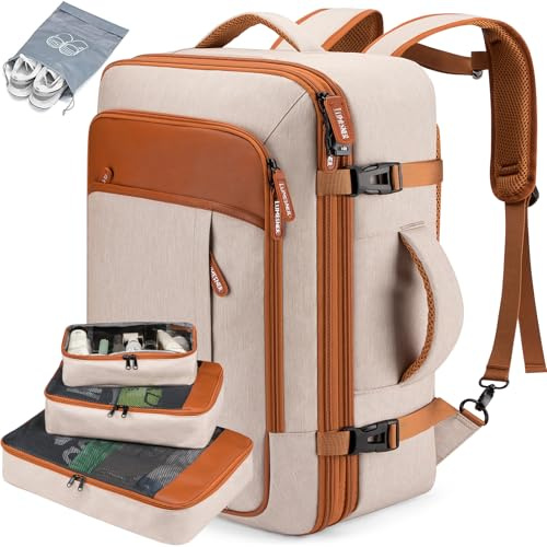 Lumesner Mochila de equipaje de mano extragrande de 40 l, homologada para vuelo, mochila de viaje para hombres y mujeres, mochila ampliable, mochila grande con 4 cubos de embalaje, beige, extra-large