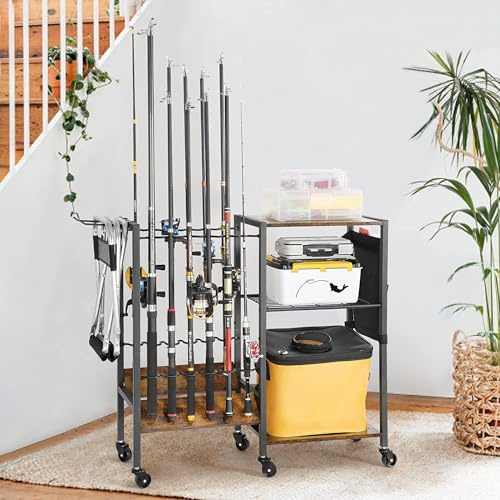 uyoyous Supporto per canna da pesca con ruote, accessorio da pesca per fino a 12 canne, supporto per canna da pesca, autoportante Tackle Cart