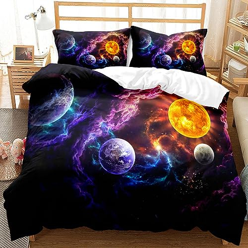 CIUNVXD Juego de ropa de cama infantil con temática espacial, planetas, 135 x 200 cm, 3D, cielo estrellado, universo, ropa de cama infantil, planeta, cielo nocturno, funda nórdica