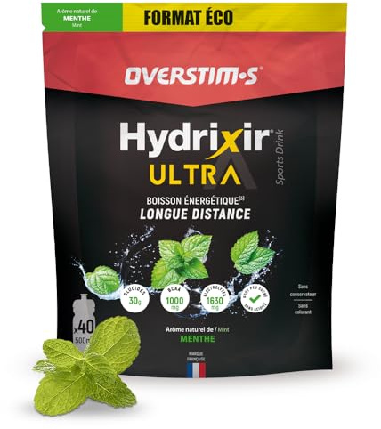 Overstim.s - Boisson énergétique Hydrixir Ultra (1,6kg) - 3 sources de glucides - 4 électrolytes - 6 vitamines - BCAA + Glutamine - Bicarbonate de sodium - Saveur peu sucrée - Menthe