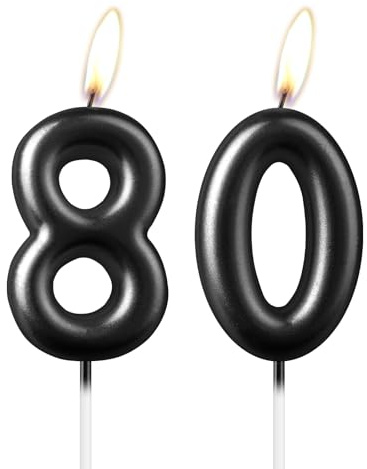 Candela Número 80 Negra Perlada, Hermosa Decoración de Pastel para Fiesta, Decoración de Pastel de Cumpleaños Negra y Chispeante para Mujeres y Hombres