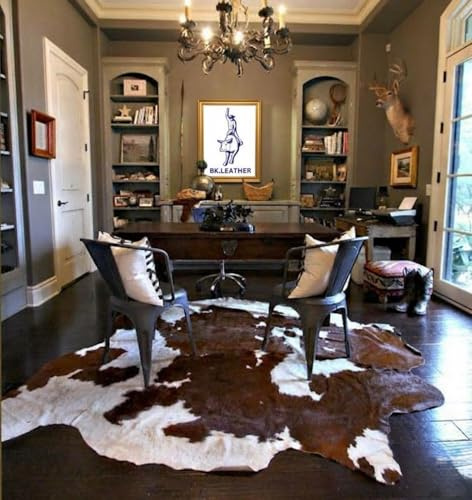 REAL/GENUINE COWHIDE LEATHER RUGS TRICOLOR COW FUR HIDE SKIN CARPET AREA (BROWN & WHITE, X-LARGE [25-28 SQFT])