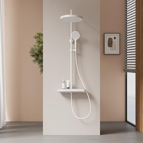 EMKE Sistema Doccia con Termostato, Set Doccia con Soffione a Pioggia, Piatto Termostatico da 40 cm, Doccia a Mano con 3 Tipi di Getto, Soffione a Pioggia con Rubinetto, Bianco Opaco