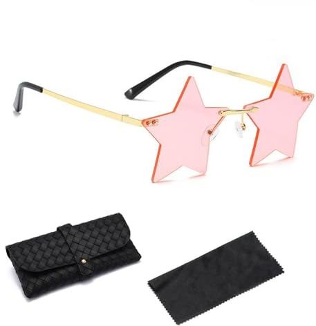 Nujvnuj Lunettes de soleil Rimless Pentagramme - Cadre doré avec pièce rose Lunettes de fête Accessoires de fête Ensemble de mode pour hommes et femmes, y compris étui à lunettes et nettoyage