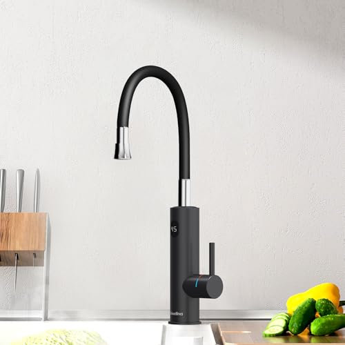 Briwellna Stainless Electric Instant Water Heater Kitchen Tap with Digital Display, 220V Tankless Hot Water Faucet with Flexible Swivel Silicone Hose for Kitchen Sink (Black)